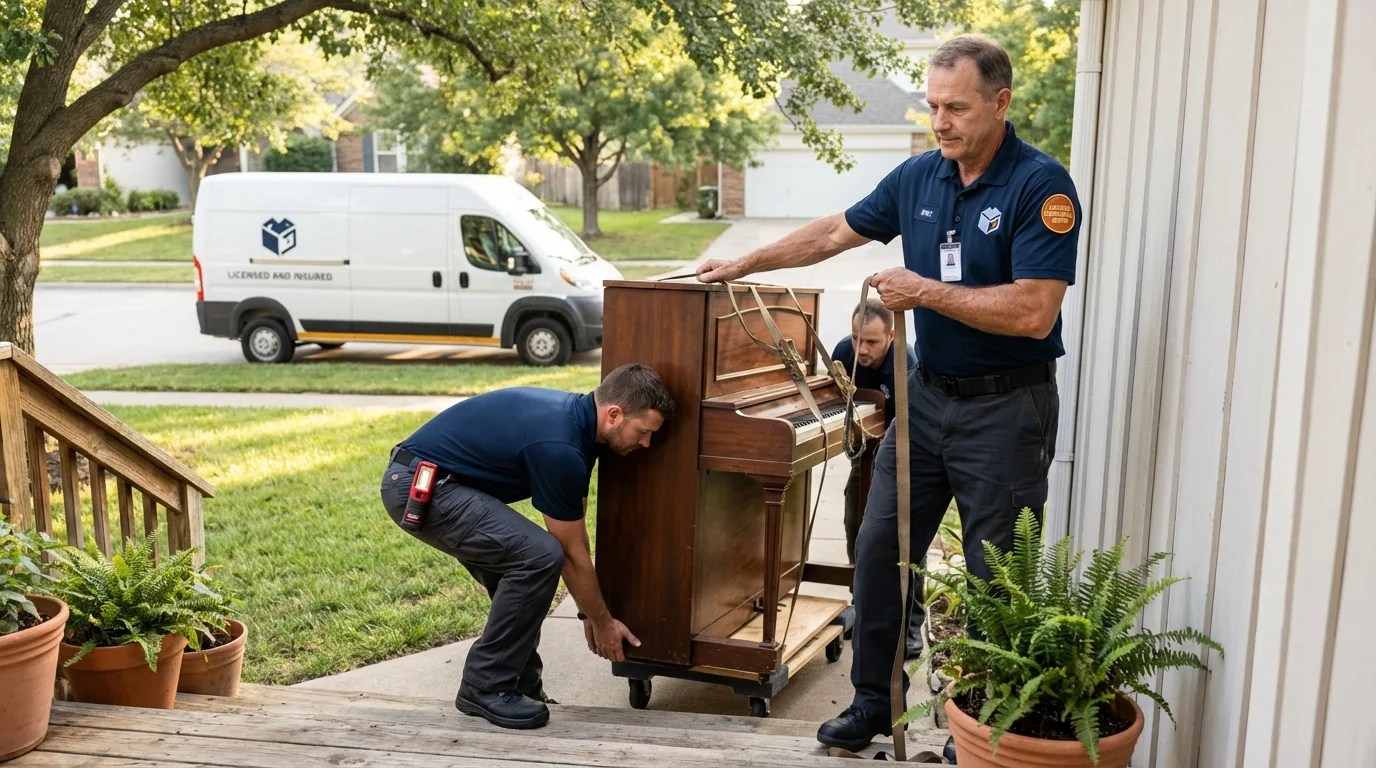 Licensed piano movers securing grand piano in Painted Post, NY