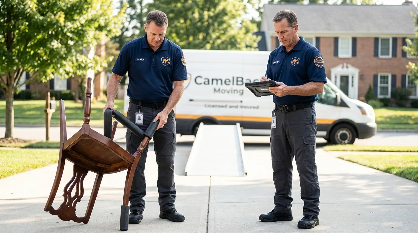 Movers inspecting furniture for damage prevention before loading in Painted Post, NY