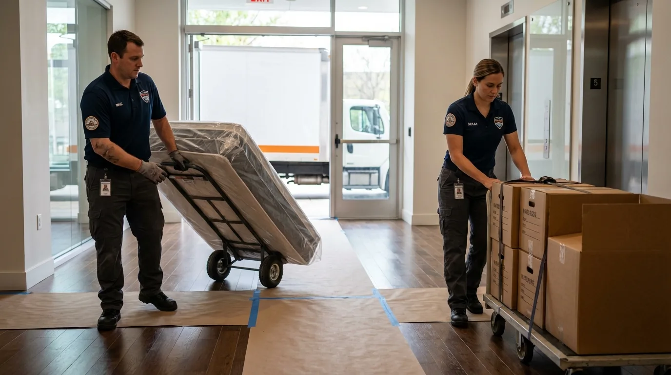 Professional apartment movers loading elevator in Painted Post, NY
